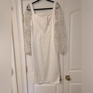 Embroidery Sheer Patchwork Lantern Sleeve Elegant Midi Dresses